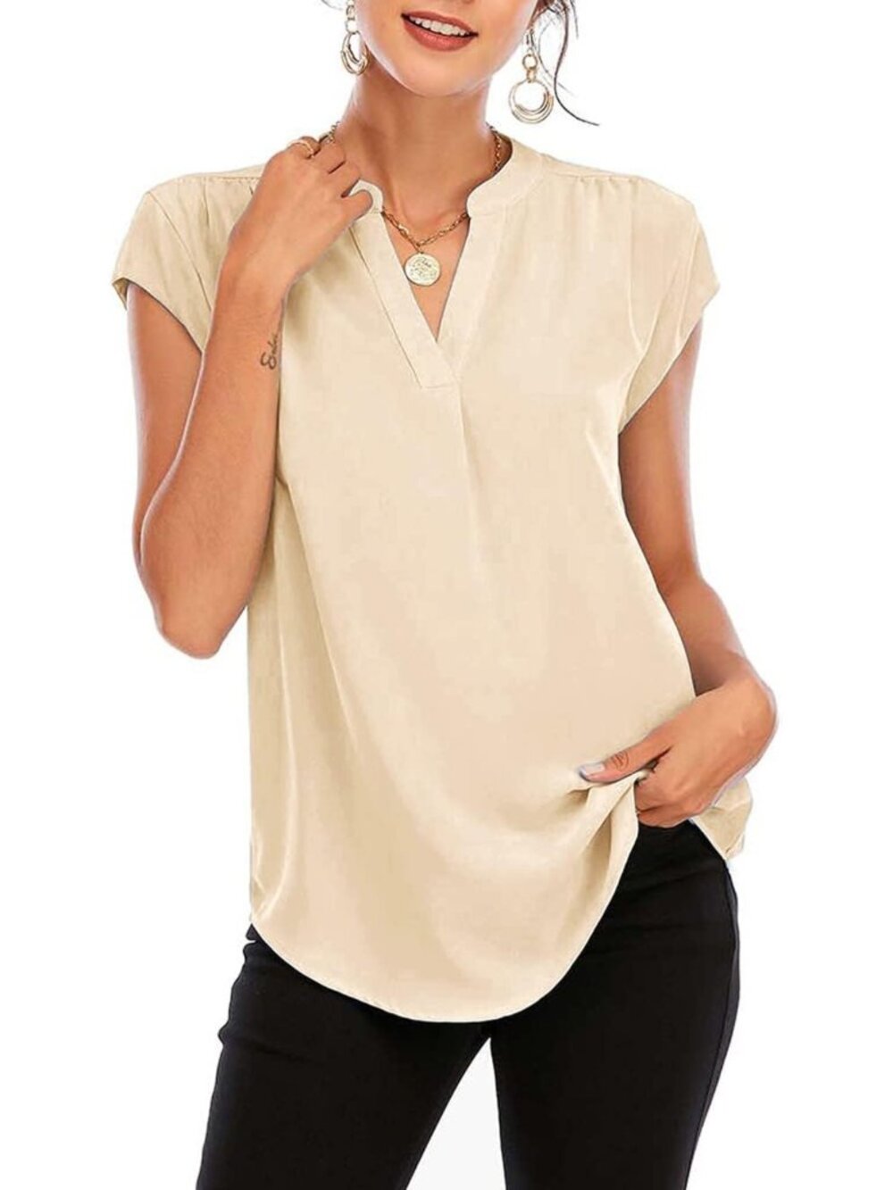 Elegant V-Neck Cap Sleeve Blouse with Frill Trim - Stylish Office Top for Women